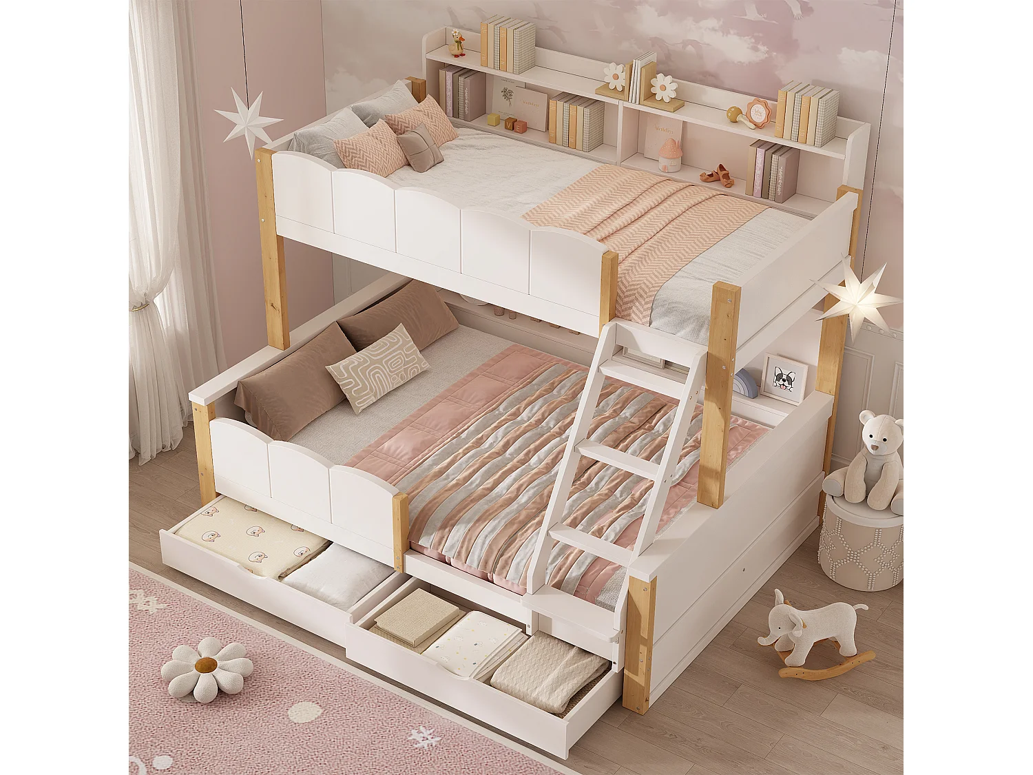 Lit superposé enfant 90x200+140x200 cm - échelle inclinée - avec 2 tiroirs - compartiment de rangement - blanc et naturel (sans matelas)