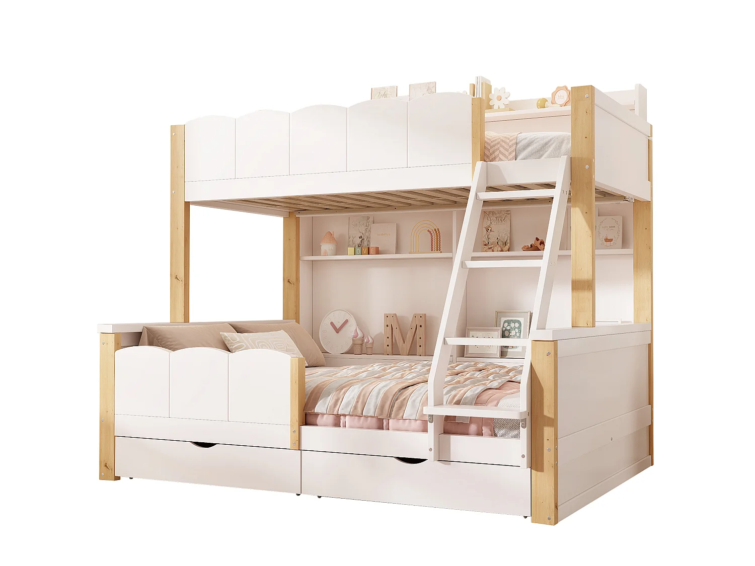 Lit superposé enfant 90x200+140x200 cm - échelle inclinée - avec 2 tiroirs - compartiment de rangement - blanc et naturel (sans matelas)