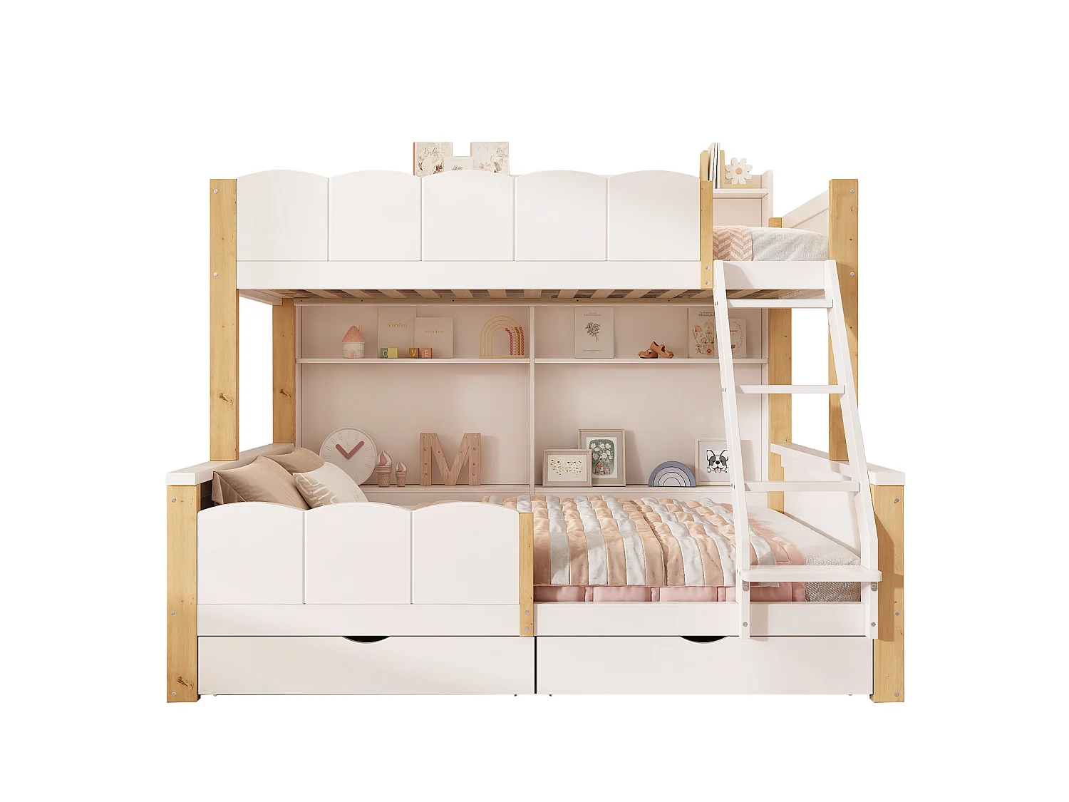 Lit superposé enfant 90x200+140x200 cm - échelle inclinée - avec 2 tiroirs - compartiment de rangement - blanc et naturel (sans matelas)