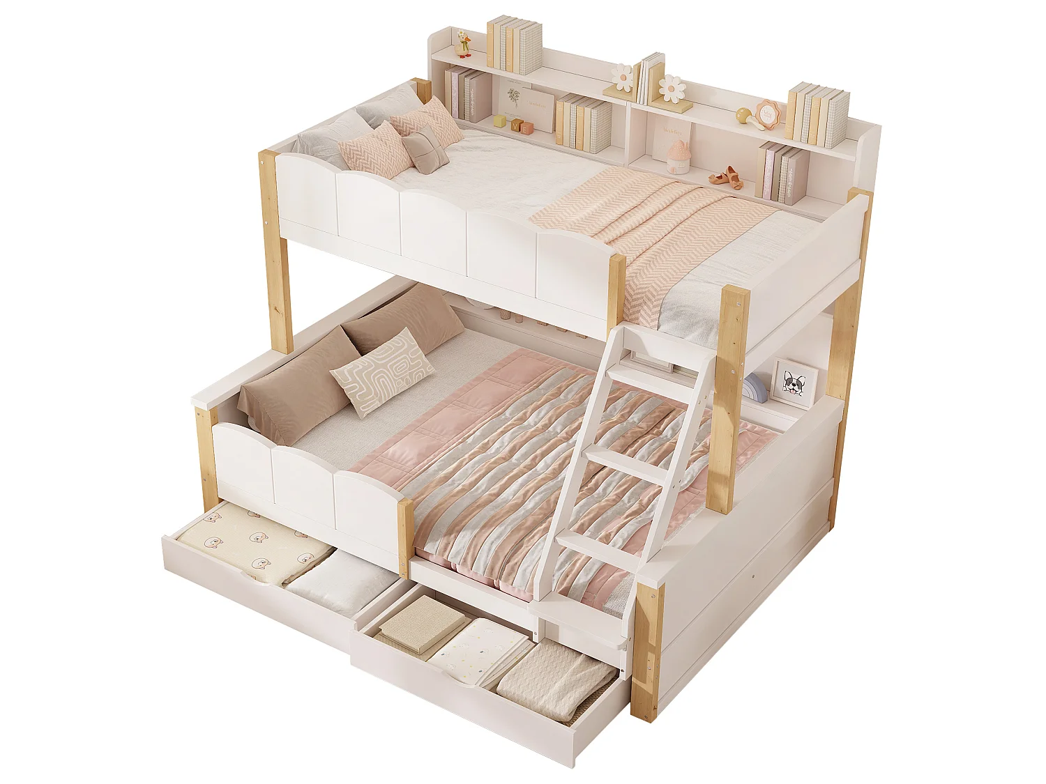 Lit superposé enfant 90x200+140x200 cm - échelle inclinée - avec 2 tiroirs - compartiment de rangement - blanc et naturel (sans matelas)