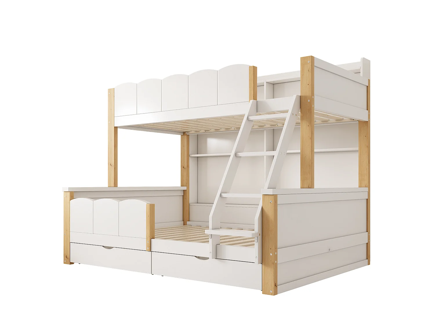 Lit superposé enfant 90x200+140x200 cm - échelle inclinée - avec 2 tiroirs - compartiment de rangement - blanc et naturel (sans matelas)