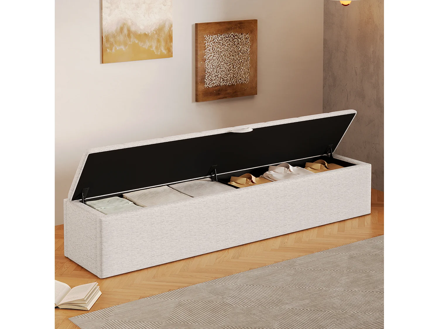 RBank opbergbank 163 x 32 x 36 cm - Mobiel - Met opbergruimte - Veloursstof - wit