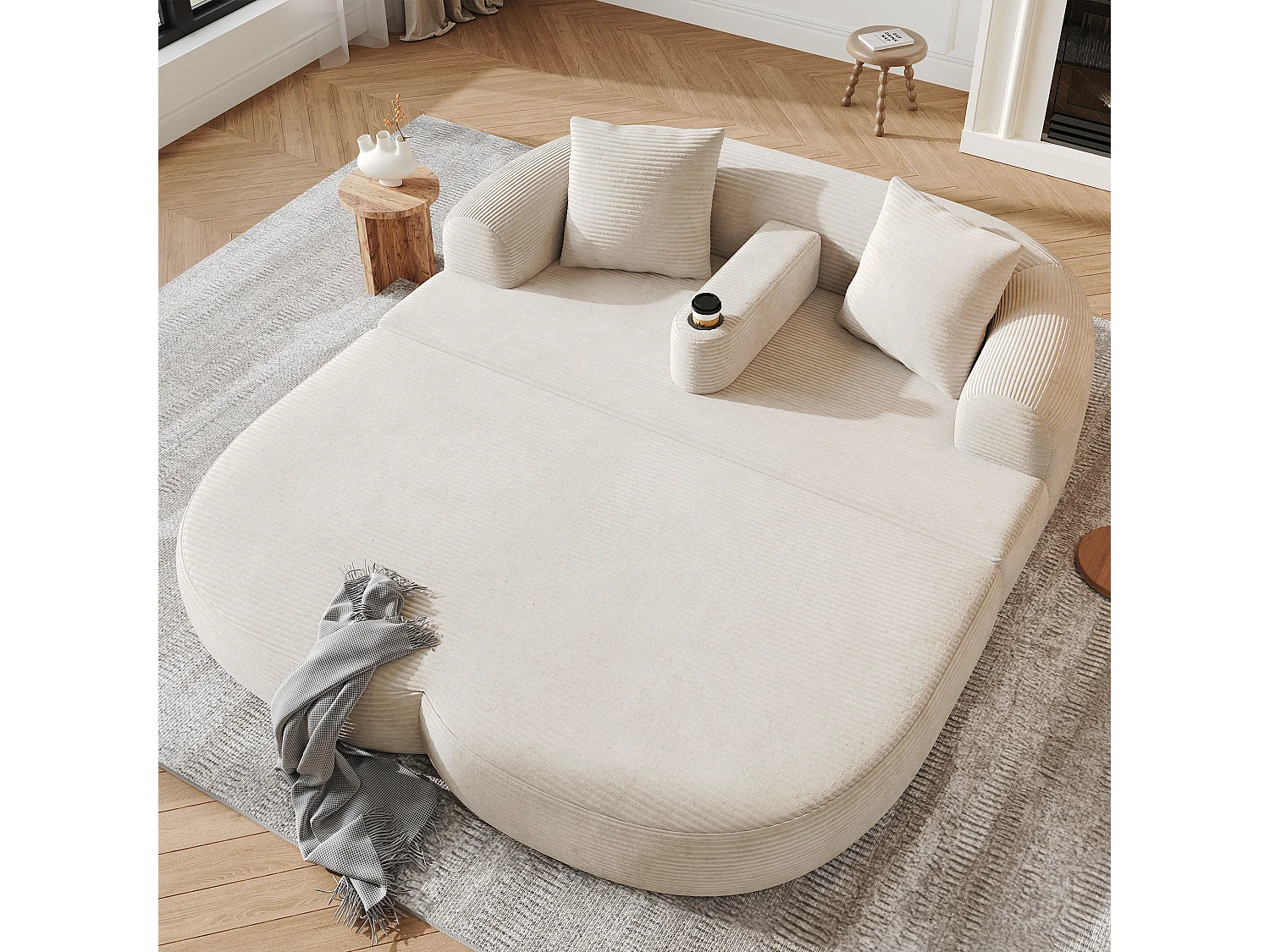 Canapé 2 places moderne en velours côtelé - Canapé lounge pliable - Accoudoirs amovibles avec porte-gobelets - Beige clair