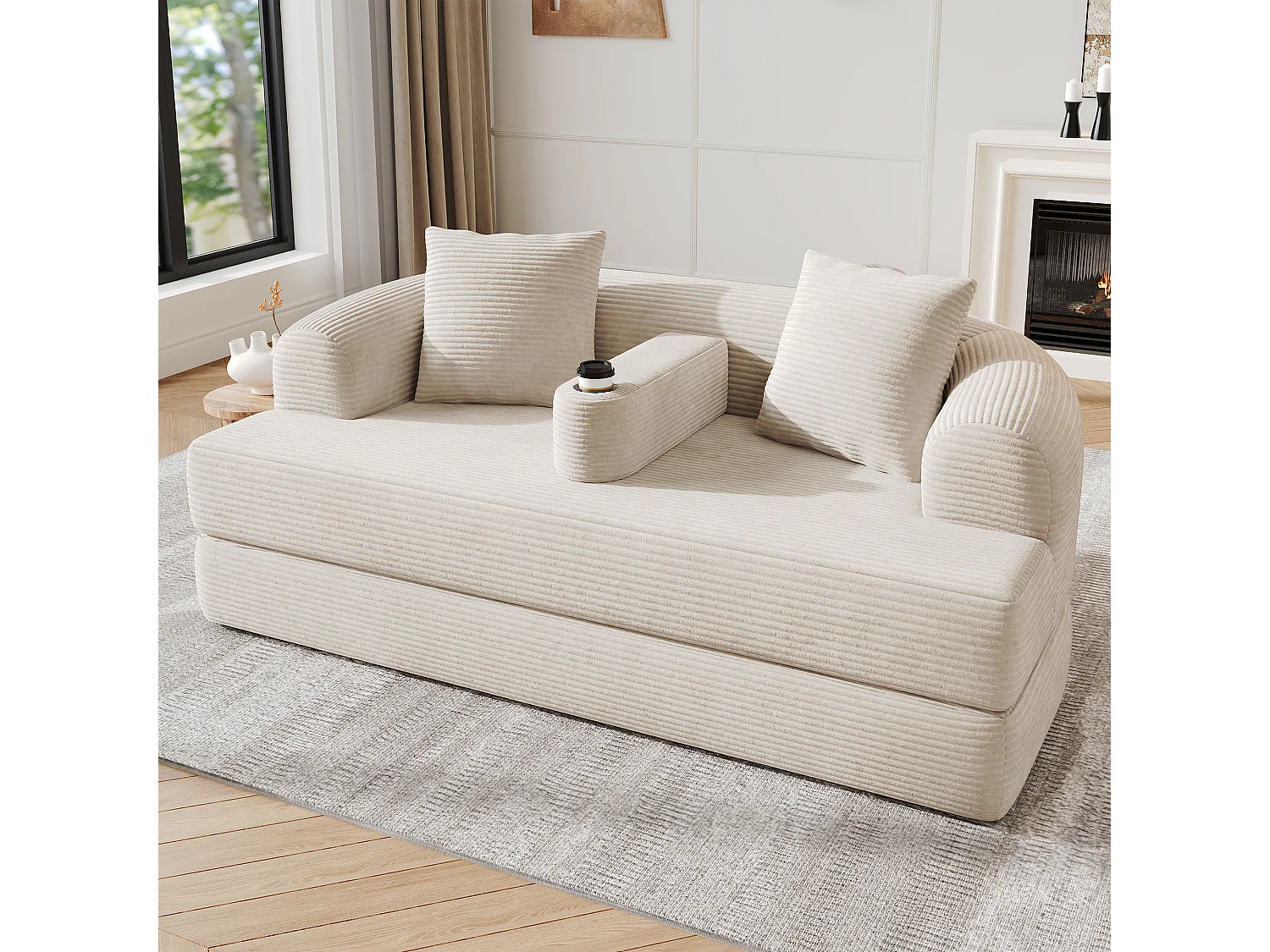 Canapé 2 places moderne en velours côtelé - Canapé lounge pliable - Accoudoirs amovibles avec porte-gobelets - Beige clair