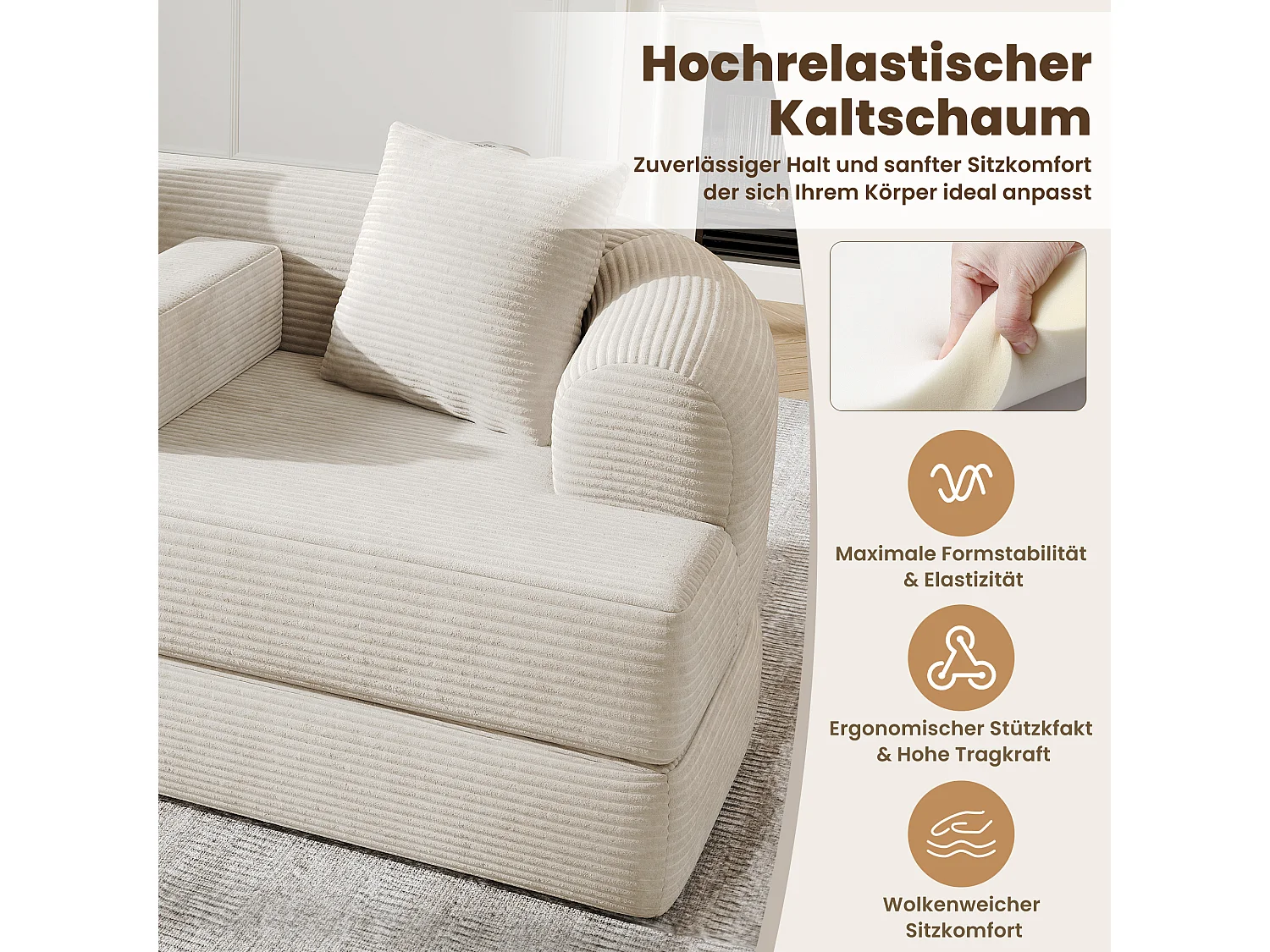 Canapé 2 places moderne en velours côtelé - Canapé lounge pliable - Accoudoirs amovibles avec porte-gobelets - Beige clair