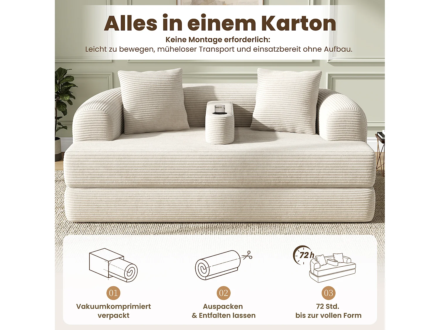 Canapé 2 places moderne en velours côtelé - Canapé lounge pliable - Accoudoirs amovibles avec porte-gobelets - Beige clair