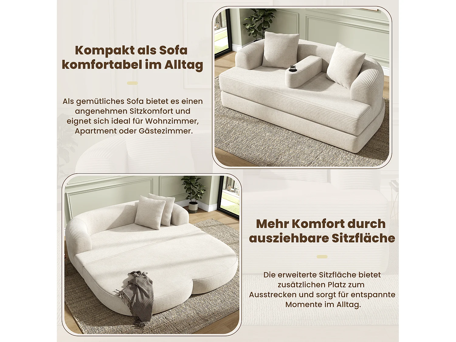 Canapé 2 places moderne en velours côtelé - Canapé lounge pliable - Accoudoirs amovibles avec porte-gobelets - Beige clair