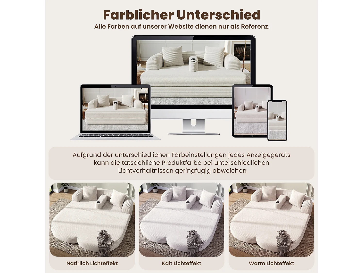 Canapé 2 places moderne en velours côtelé - Canapé lounge pliable - Accoudoirs amovibles avec porte-gobelets - Beige clair