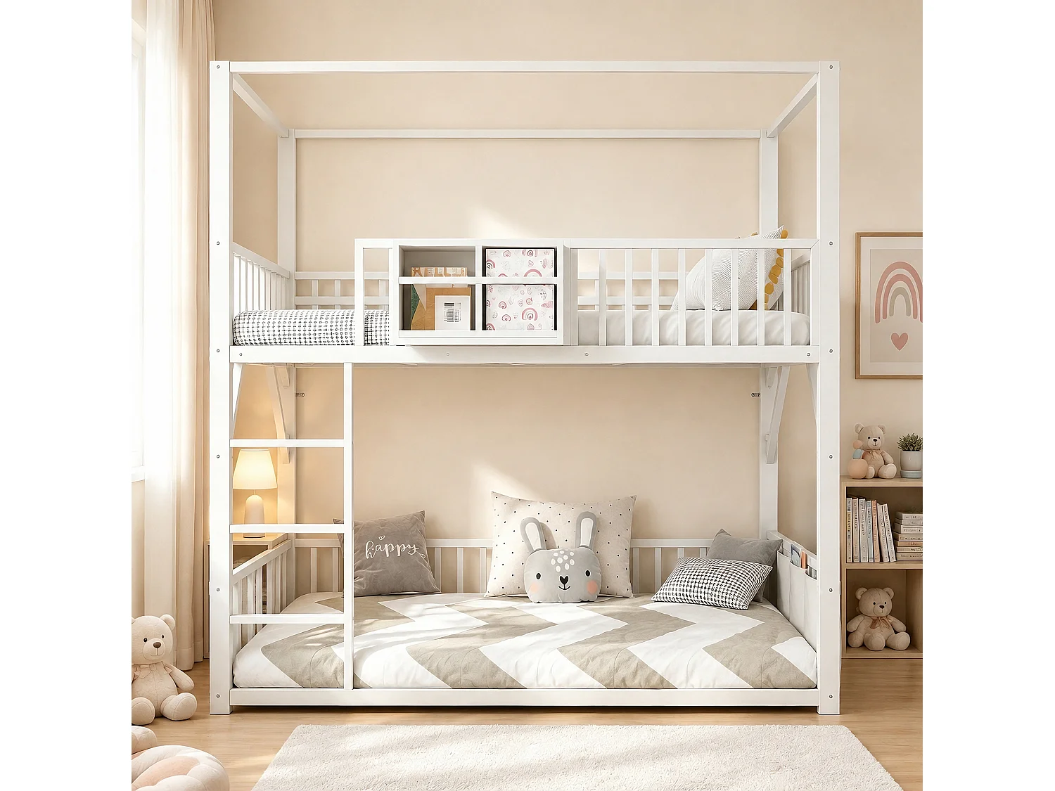 Metal stapelbed 90 x 200 cm - met veiligheidshekken - met ladder - wit (matras niet inbegrepen)