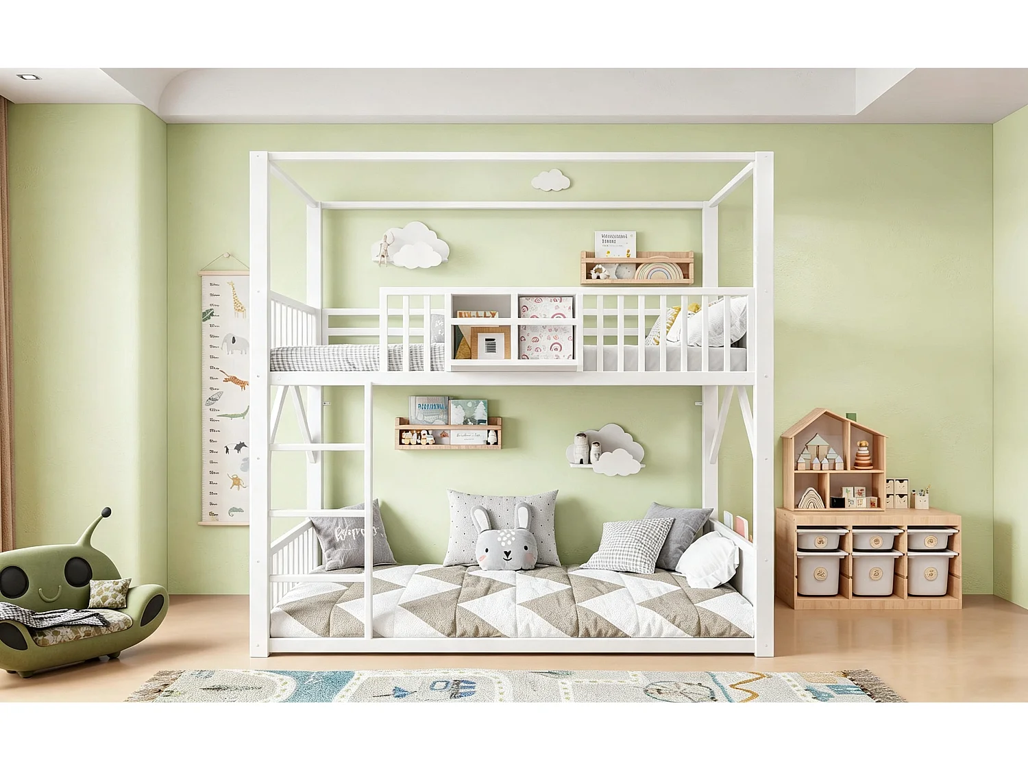 Metal stapelbed 90 x 200 cm - met veiligheidshekken - met ladder - wit (matras niet inbegrepen)