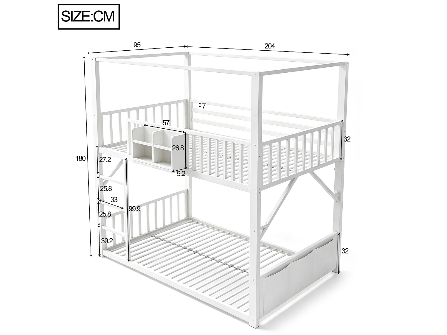Metal stapelbed 90 x 200 cm - met veiligheidshekken - met ladder - wit (matras niet inbegrepen)