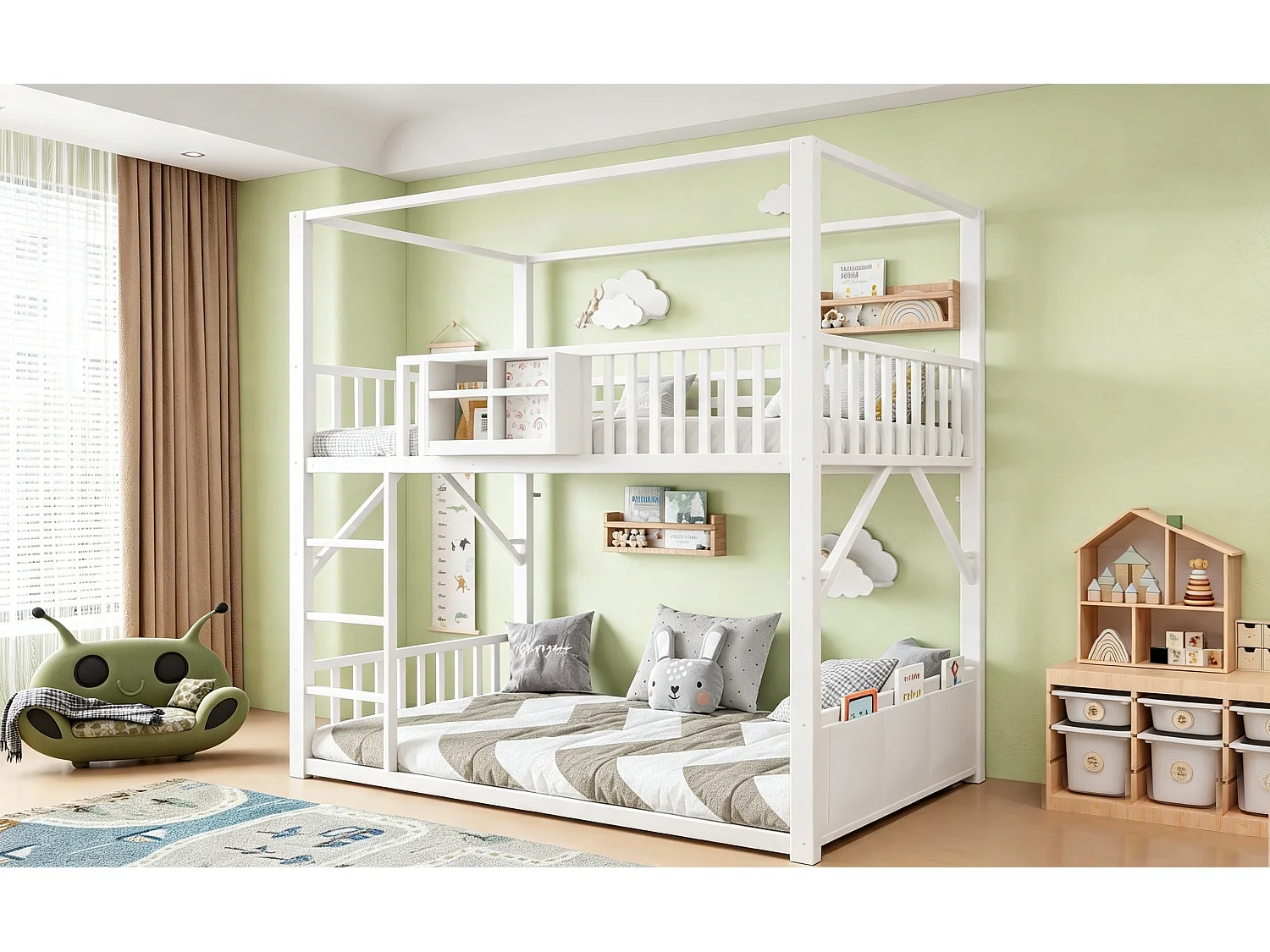 Metal stapelbed 90 x 200 cm - met veiligheidshekken - met ladder - wit (matras niet inbegrepen)