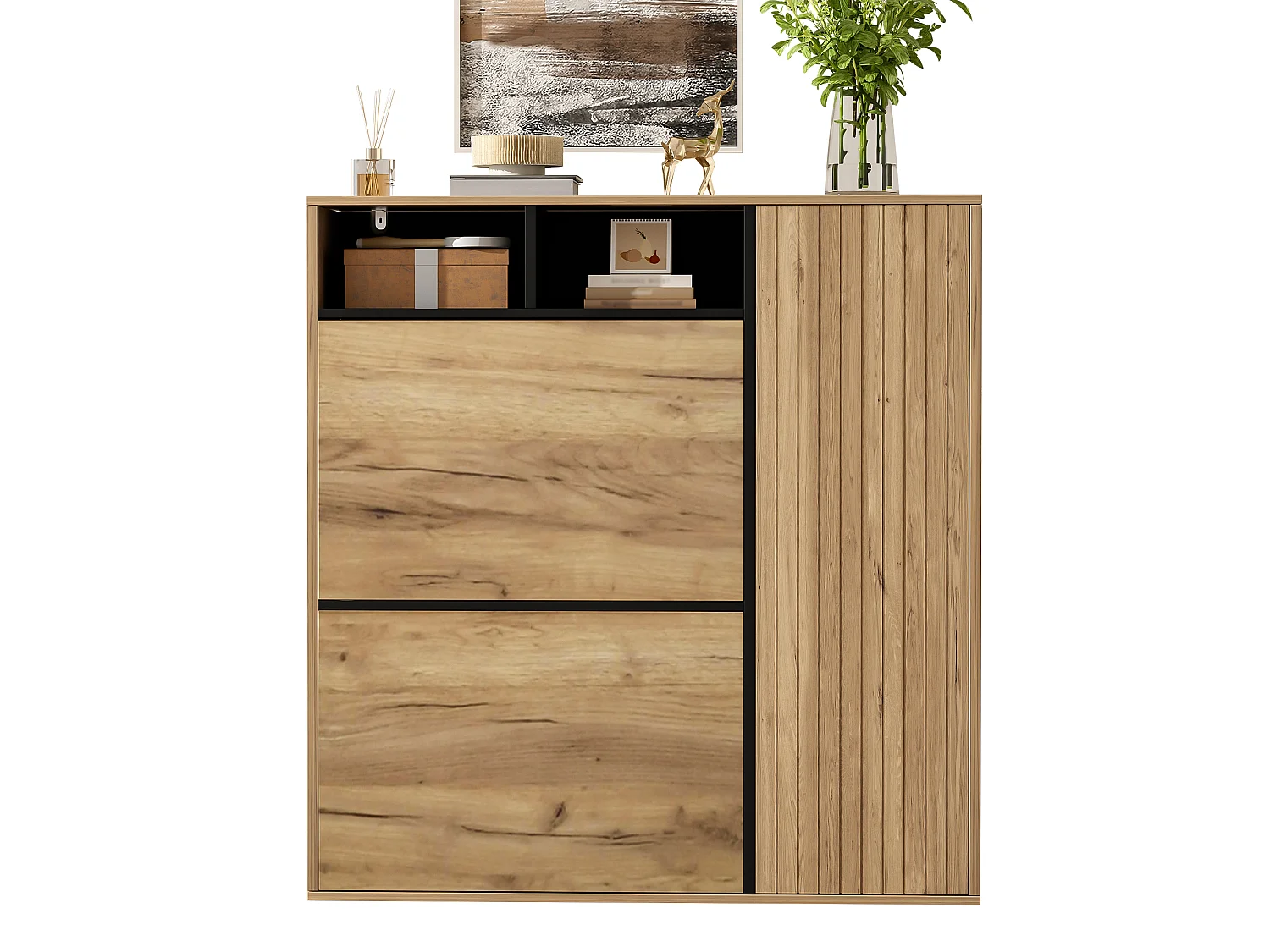 Meuble à chaussures moderne 90x24x94cm - avec 2 portes abattantes - étagères réglables - compartiments de rangement ouverts - Naturel
