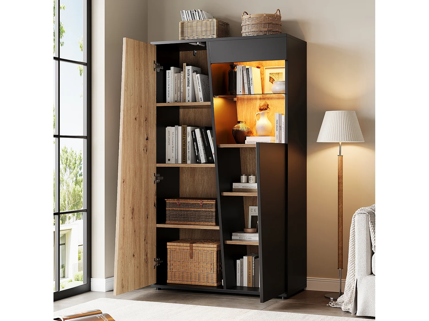 Moderne Vitrine 80 x 35 x 139,5 cm - LED-Beleuchtung, 2 Türen und verstellbare Glasregale - MDF - Schwarz und Holz Finish