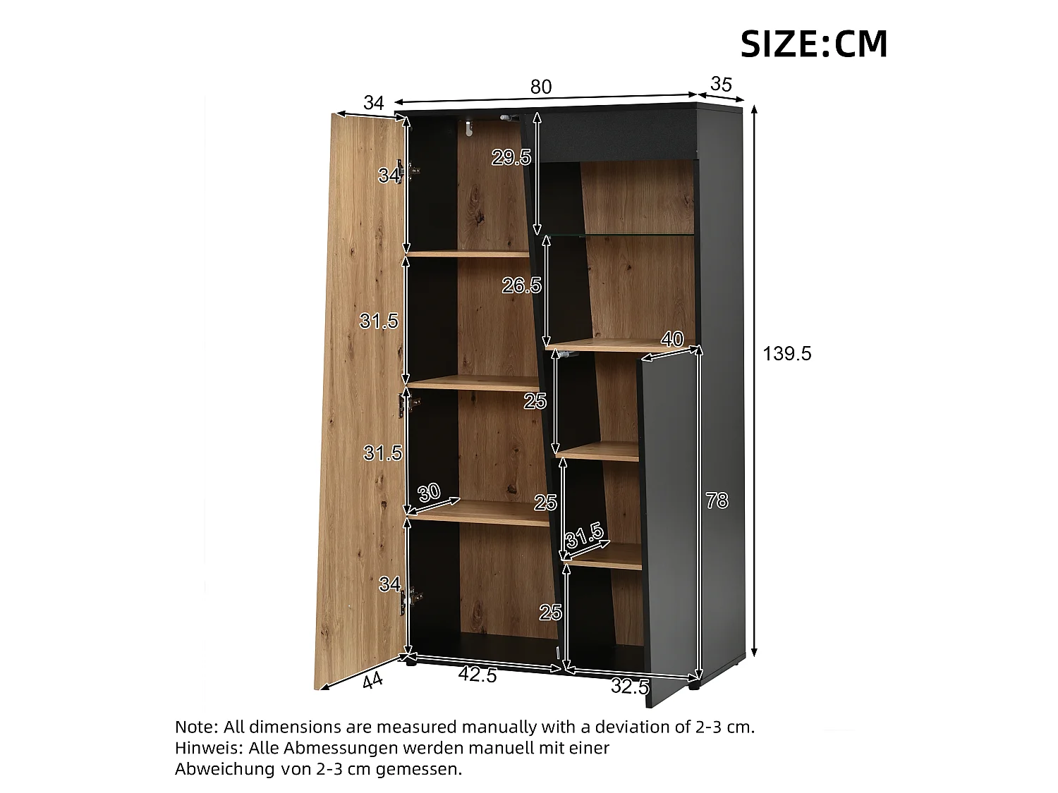 Moderne Vitrine 80 x 35 x 139,5 cm - LED-Beleuchtung, 2 Türen und verstellbare Glasregale - MDF - Schwarz und Holz Finish