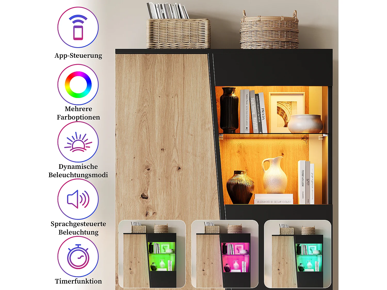 Moderne Vitrine 80 x 35 x 139,5 cm - LED-Beleuchtung, 2 Türen und verstellbare Glasregale - MDF - Schwarz und Holz Finish