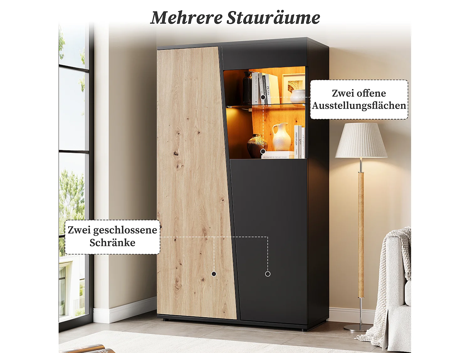 Moderne Vitrine 80 x 35 x 139,5 cm - LED-Beleuchtung, 2 Türen und verstellbare Glasregale - MDF - Schwarz und Holz Finish