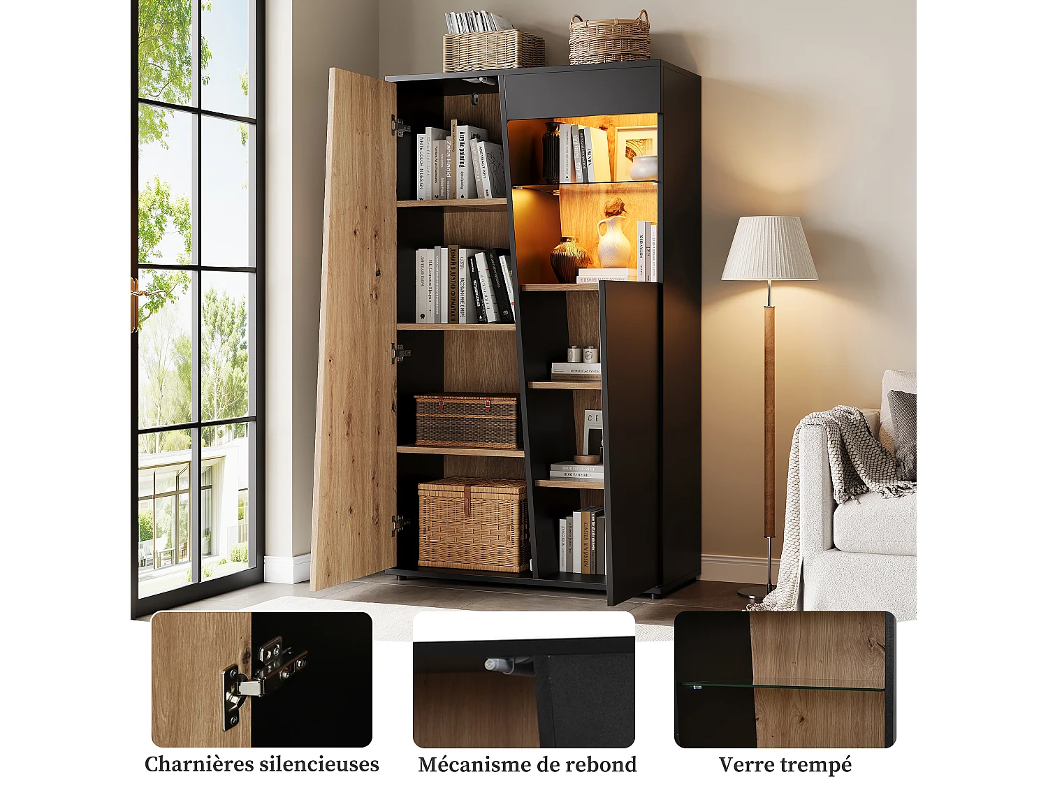 Moderne Vitrine 80 x 35 x 139,5 cm - LED-Beleuchtung, 2 Türen und verstellbare Glasregale - MDF - Schwarz und Holz Finish