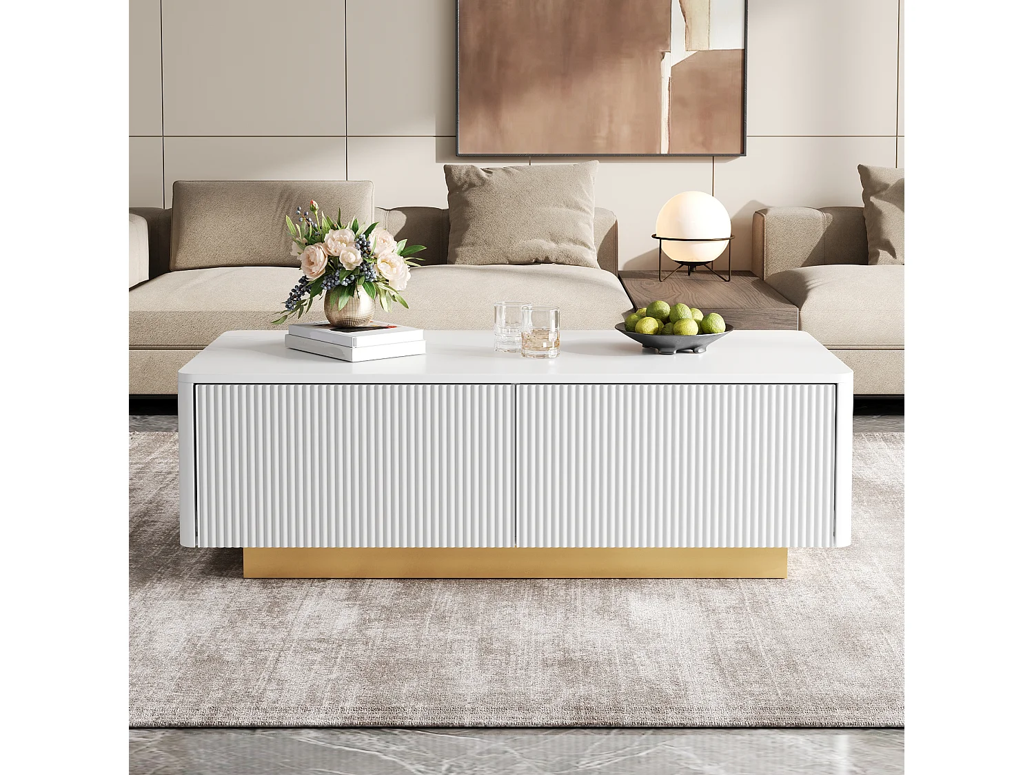 Moderne sofabord 110x50x35 cm - Med 2 skuffer og åbne hylder - Afrundede hjørner - MDF + spånplader - Hvid