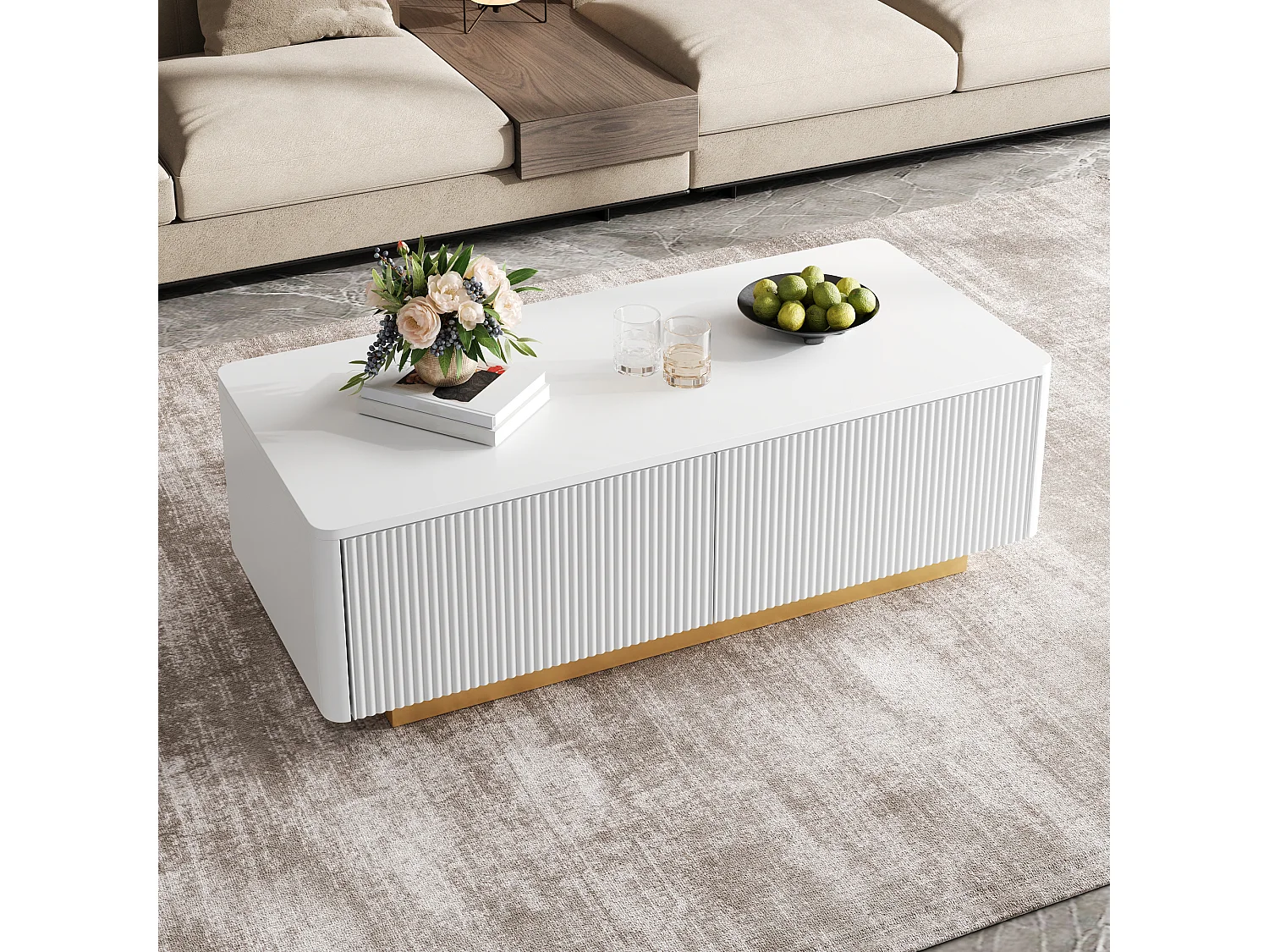 Moderne sofabord 110x50x35 cm - Med 2 skuffer og åbne hylder - Afrundede hjørner - MDF + spånplader - Hvid