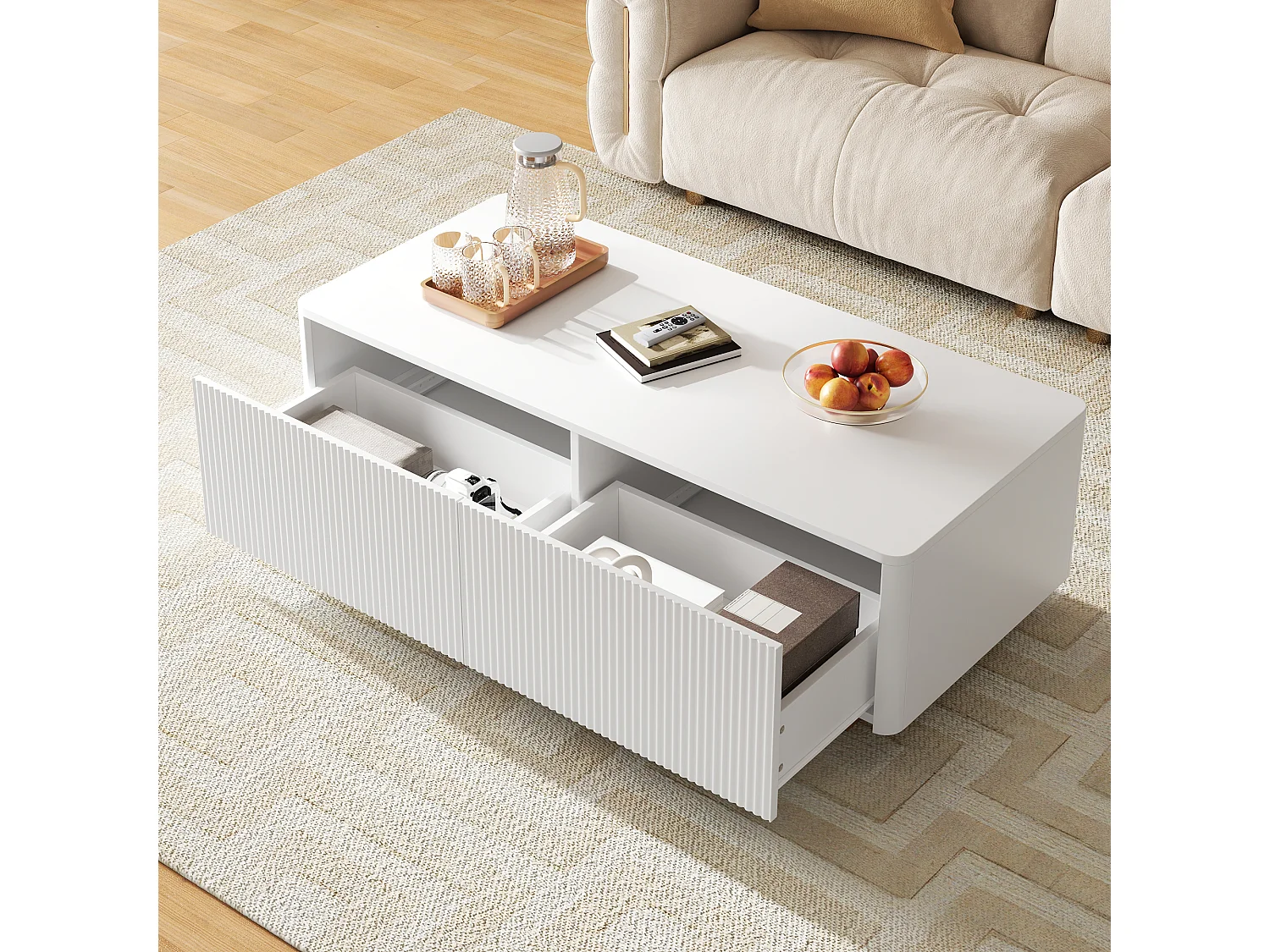Moderne sofabord 110x50x35 cm - Med 2 skuffer og åbne hylder - Afrundede hjørner - MDF + spånplader - Hvid