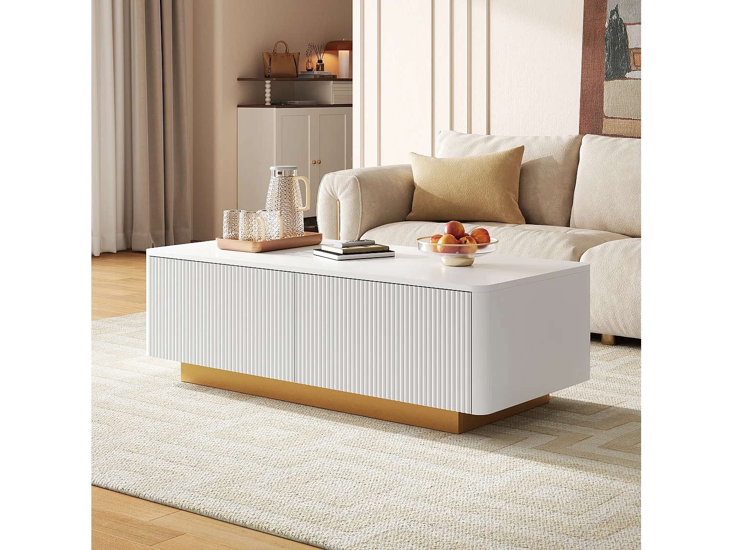 Moderne sofabord 110x50x35 cm - Med 2 skuffer og åbne hylder - Afrundede hjørner - MDF + spånplader - Hvid