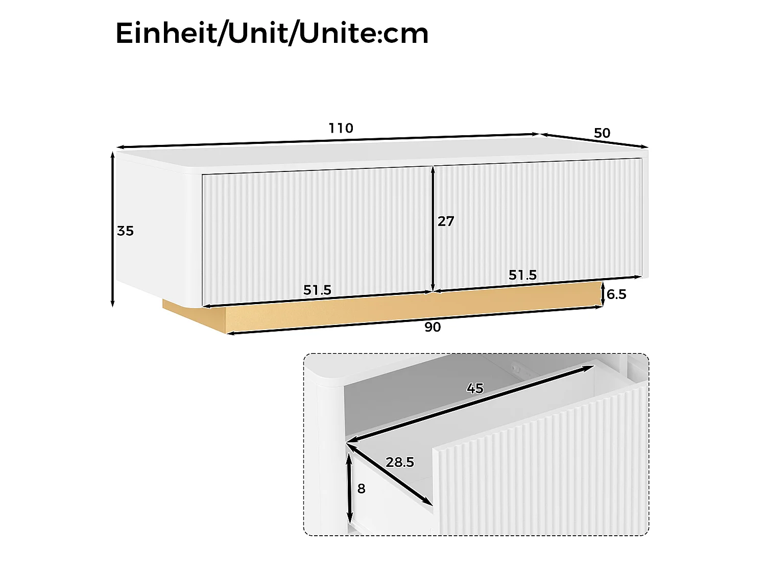 Moderne sofabord 110x50x35 cm - Med 2 skuffer og åbne hylder - Afrundede hjørner - MDF + spånplader - Hvid