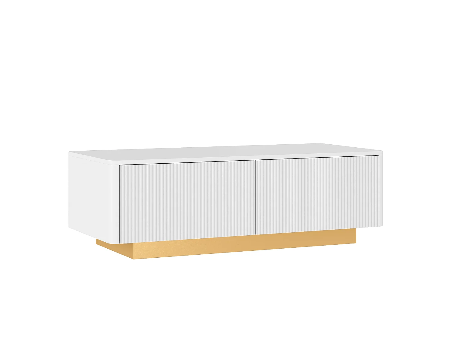 Moderne sofabord 110x50x35 cm - Med 2 skuffer og åbne hylder - Afrundede hjørner - MDF + spånplader - Hvid
