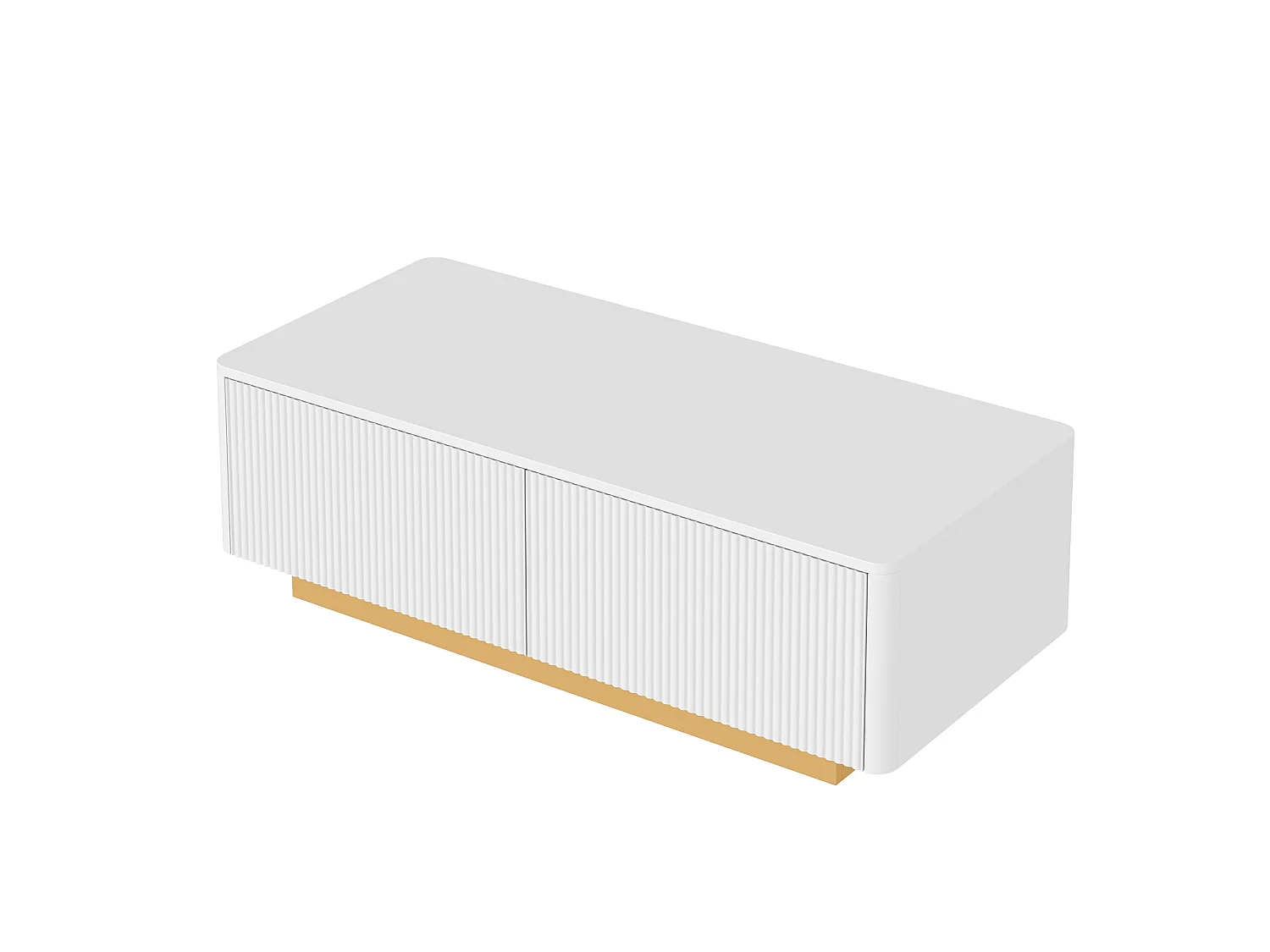 Moderne sofabord 110x50x35 cm - Med 2 skuffer og åbne hylder - Afrundede hjørner - MDF + spånplader - Hvid
