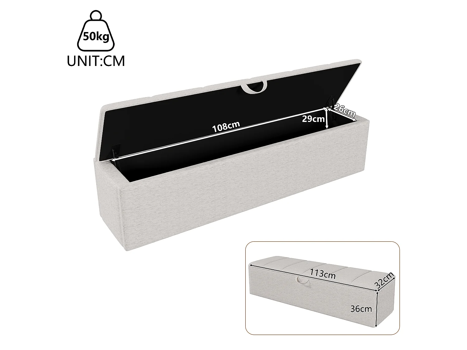 RBank opbergbank 113 x 32 x 36 cm - Mobiel - Met opbergruimte - Fluweelstof - wit