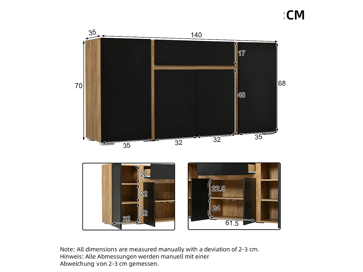Moderne buffet 140x35x70 cm - 4 døre og 2 skuffer - Justerbare indvendige hylder - MDF - Naturtræ og sort finish