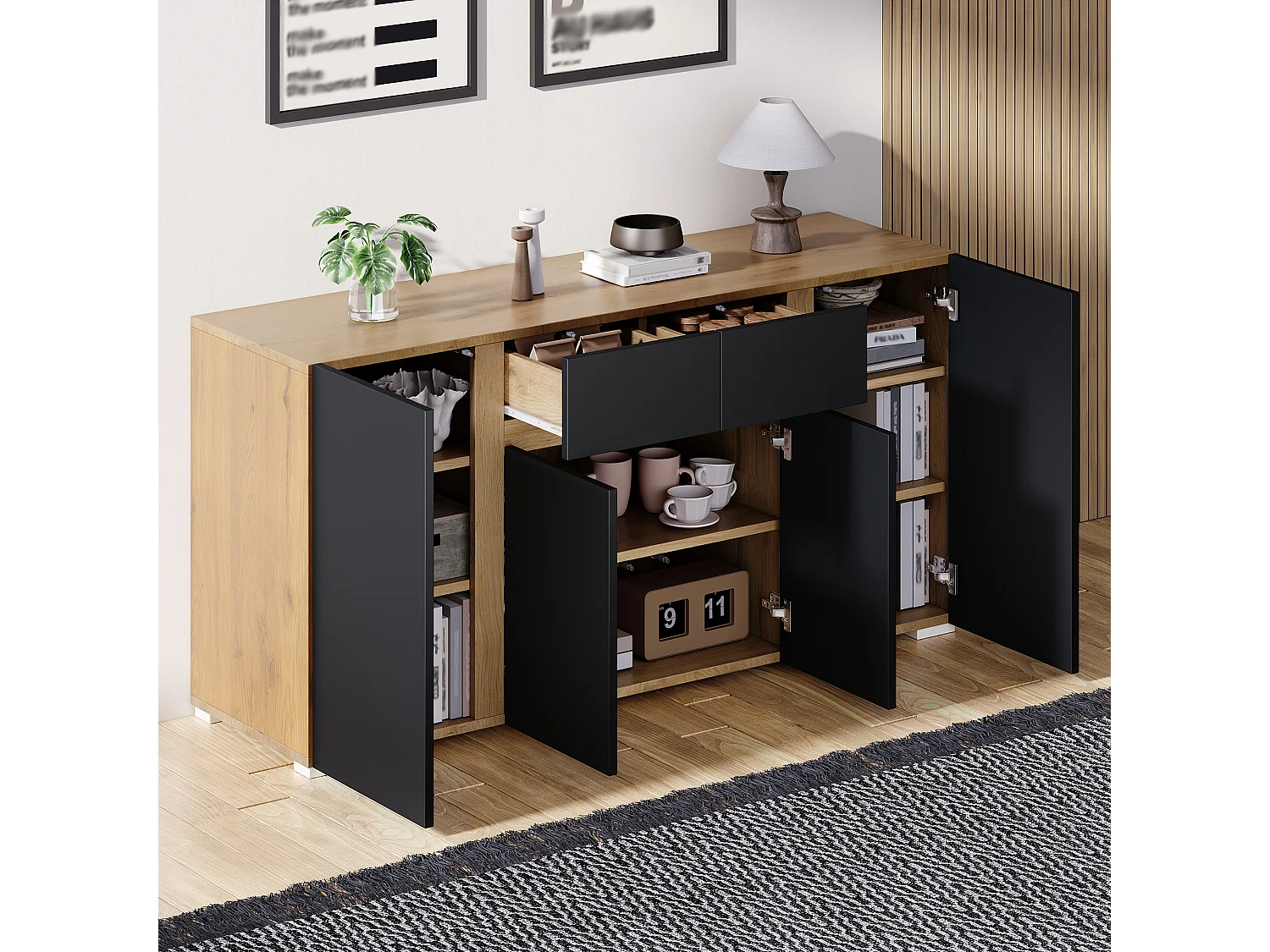 Moderne buffet 140x35x70 cm - 4 døre og 2 skuffer - Justerbare indvendige hylder - MDF - Naturtræ og sort finish