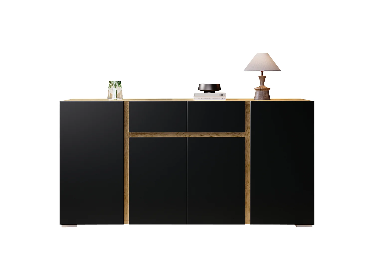 Moderne buffet 140x35x70 cm - 4 døre og 2 skuffer - Justerbare indvendige hylder - MDF - Naturtræ og sort finish