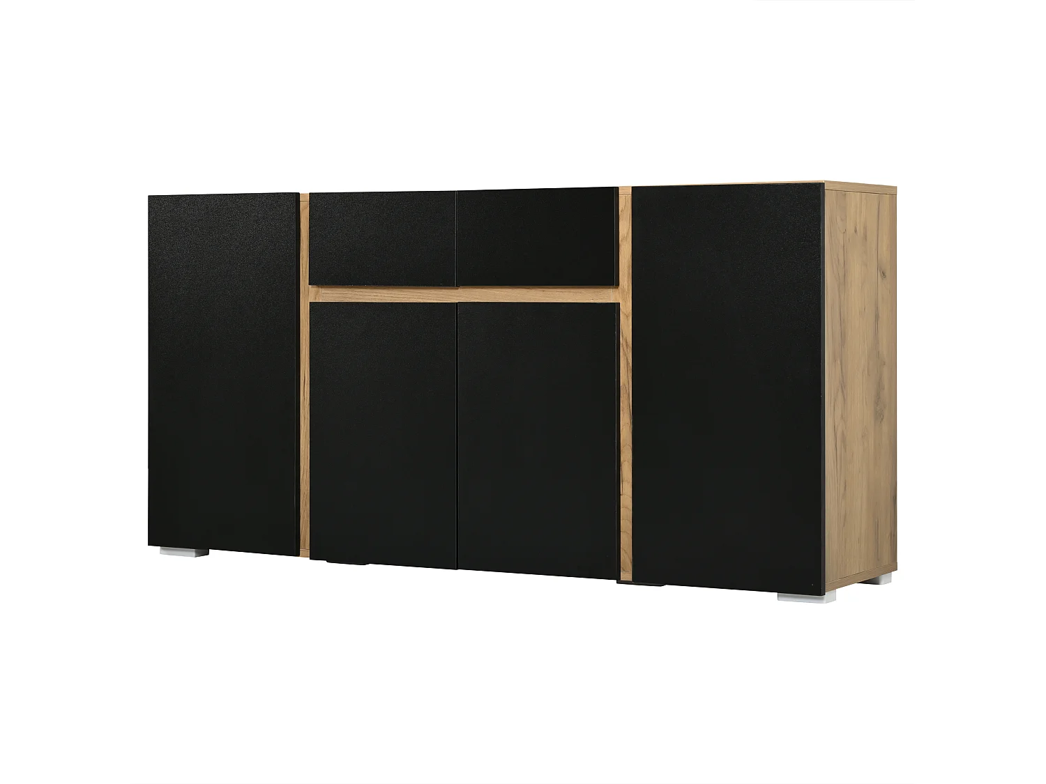 Moderne buffet 140x35x70 cm - 4 døre og 2 skuffer - Justerbare indvendige hylder - MDF - Naturtræ og sort finish