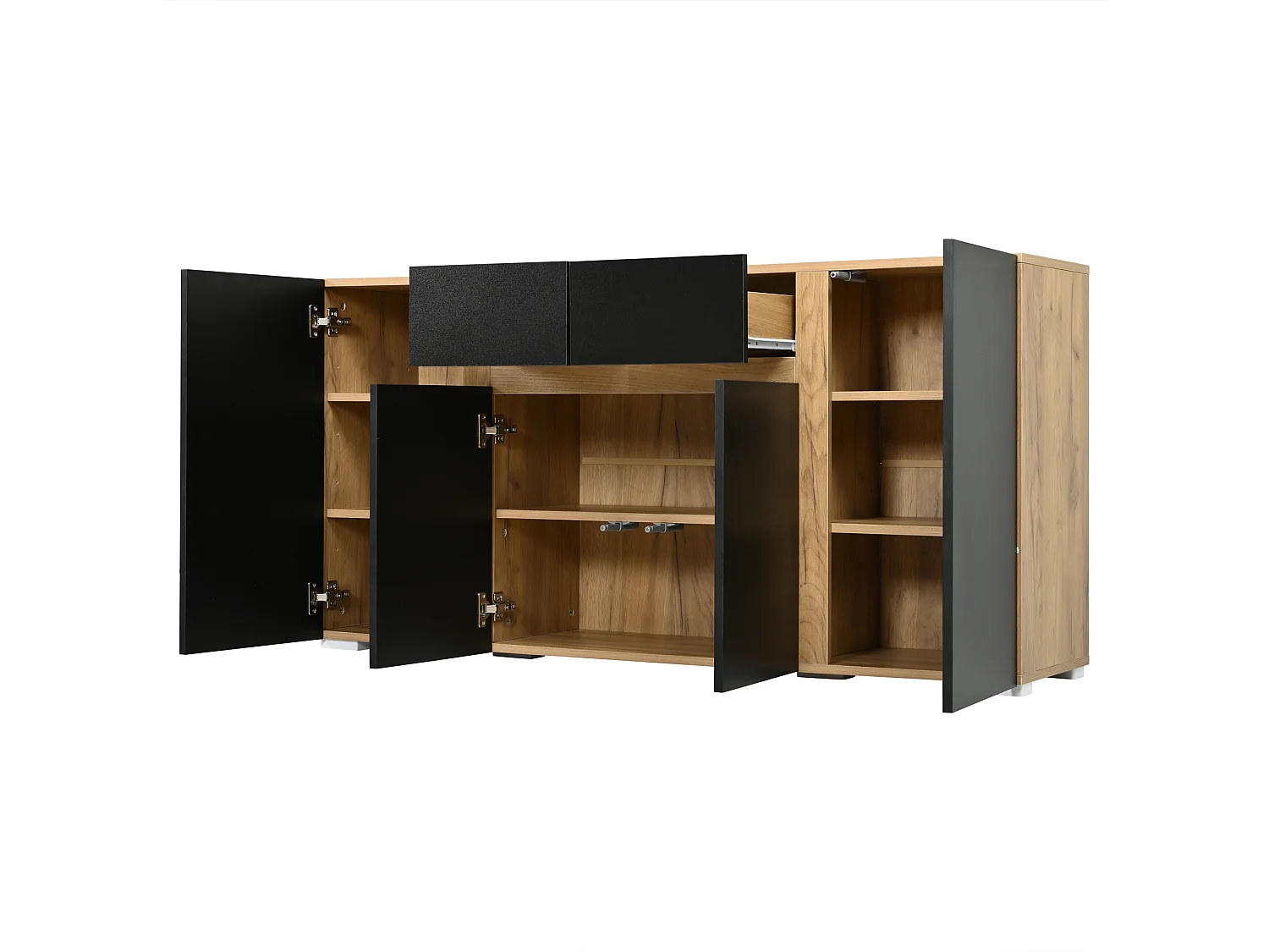 Moderne buffet 140x35x70 cm - 4 døre og 2 skuffer - Justerbare indvendige hylder - MDF - Naturtræ og sort finish
