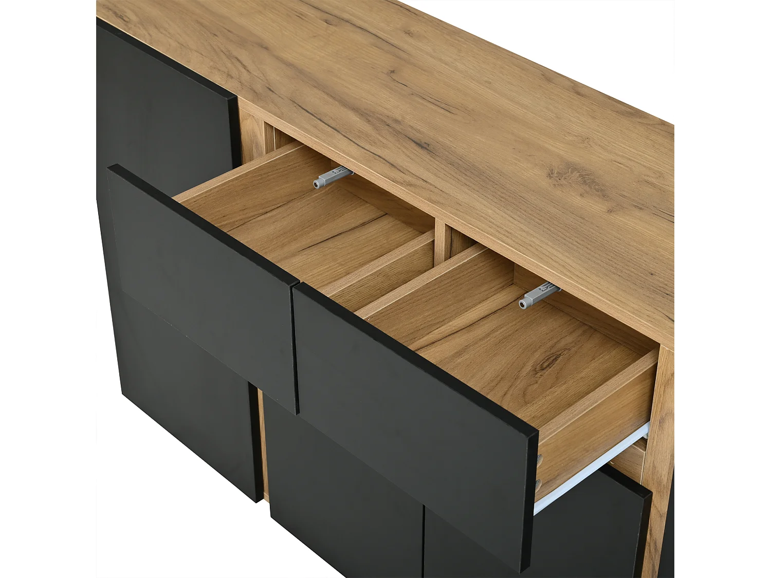 Moderne buffet 140x35x70 cm - 4 døre og 2 skuffer - Justerbare indvendige hylder - MDF - Naturtræ og sort finish
