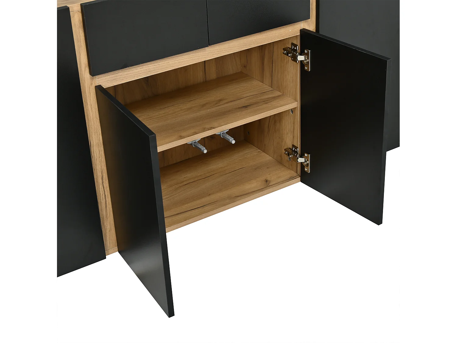 Moderne buffet 140x35x70 cm - 4 døre og 2 skuffer - Justerbare indvendige hylder - MDF - Naturtræ og sort finish