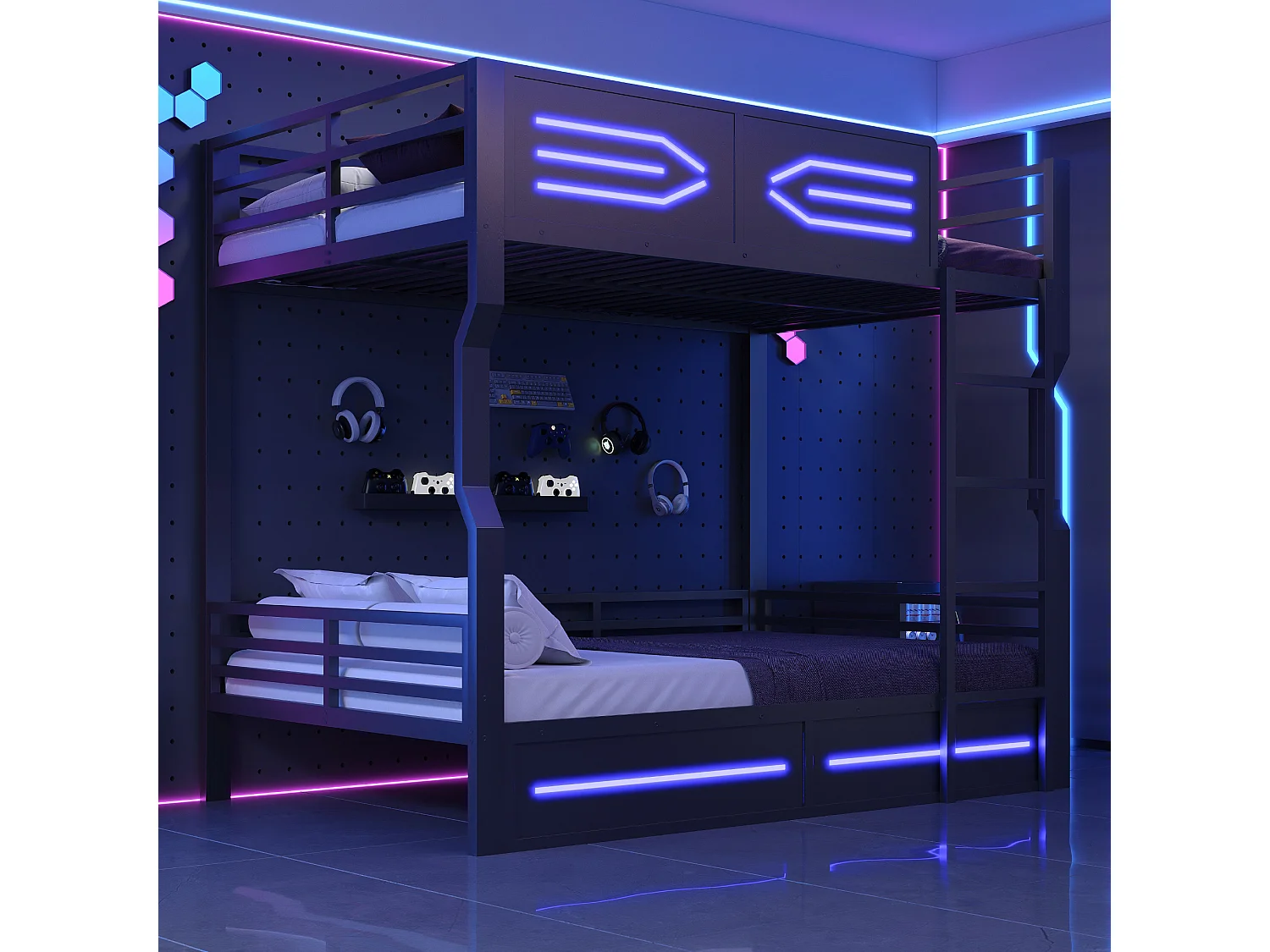 Hoogslaper 140 × 200 cm - met LED-verlichting - hoge zijhekken - zwart (matras niet inbegrepen)