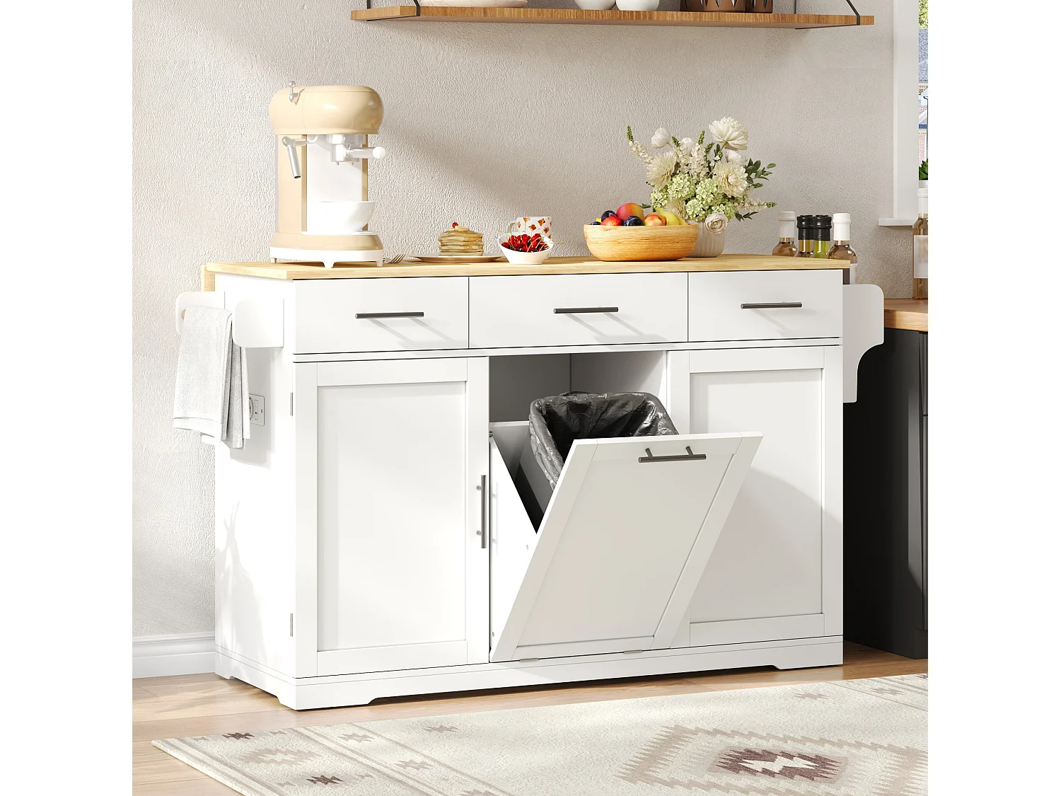 Îlot de Cuisine Mobile 136cm - Chariot de Cuisine avec Plateau Rabattable, Prises USB, 3 Tiroirs & Meuble Poubelle, Style Moderne - Blanc