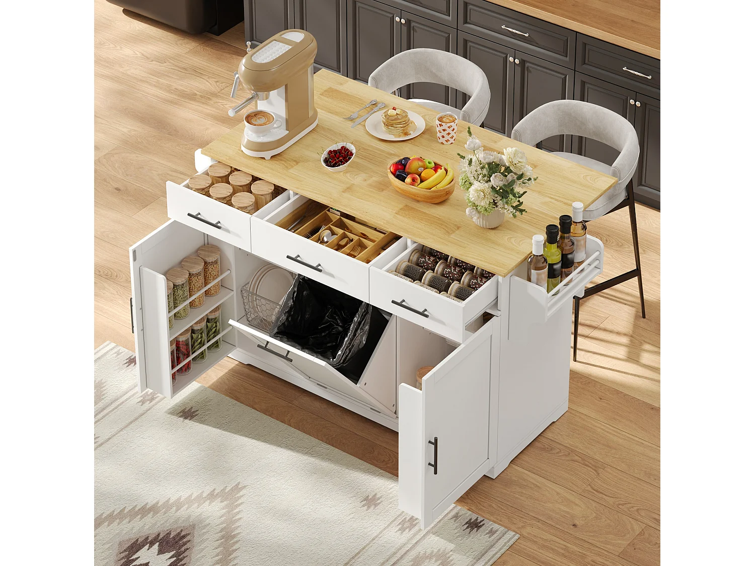 Îlot de Cuisine Mobile 136cm - Chariot de Cuisine avec Plateau Rabattable, Prises USB, 3 Tiroirs & Meuble Poubelle, Style Moderne - Blanc