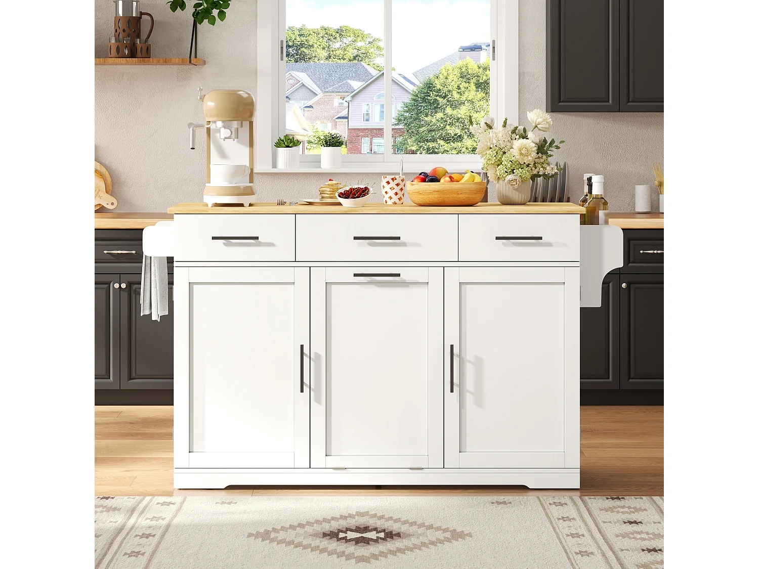 Îlot de Cuisine Mobile 136cm - Chariot de Cuisine avec Plateau Rabattable, Prises USB, 3 Tiroirs & Meuble Poubelle, Style Moderne - Blanc