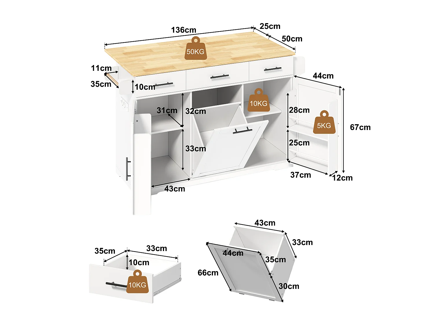 Îlot de Cuisine Mobile 136cm - Chariot de Cuisine avec Plateau Rabattable, Prises USB, 3 Tiroirs & Meuble Poubelle, Style Moderne - Blanc