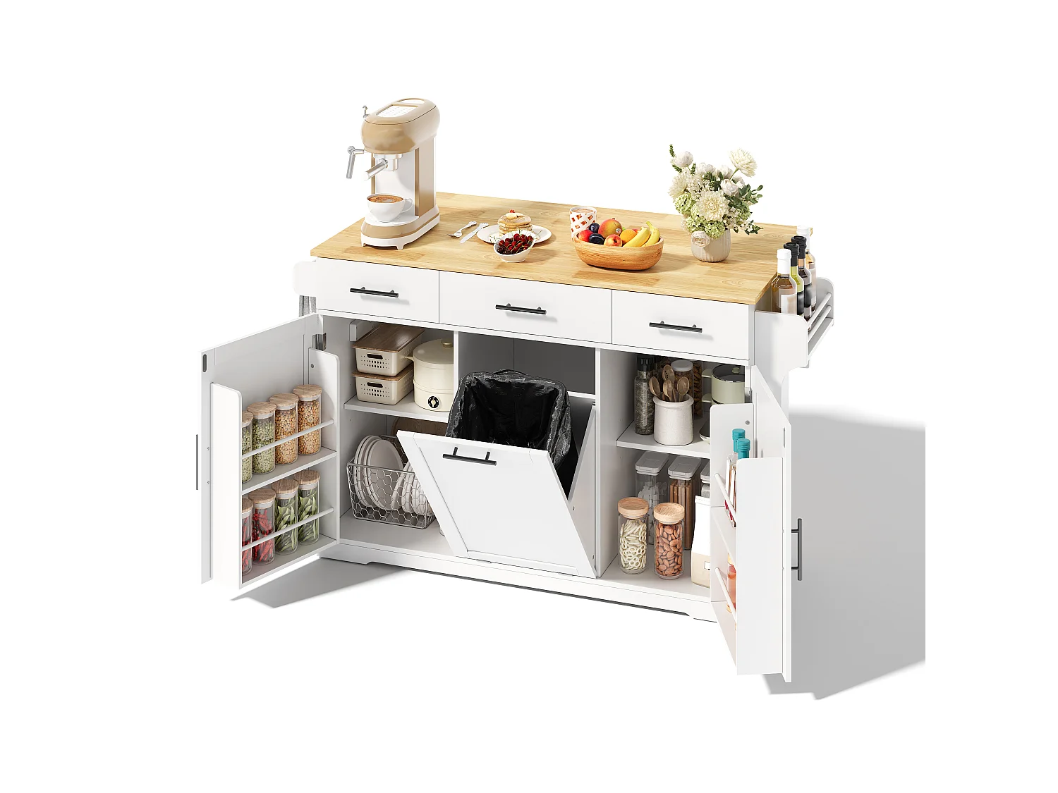 Îlot de Cuisine Mobile 136cm - Chariot de Cuisine avec Plateau Rabattable, Prises USB, 3 Tiroirs & Meuble Poubelle, Style Moderne - Blanc