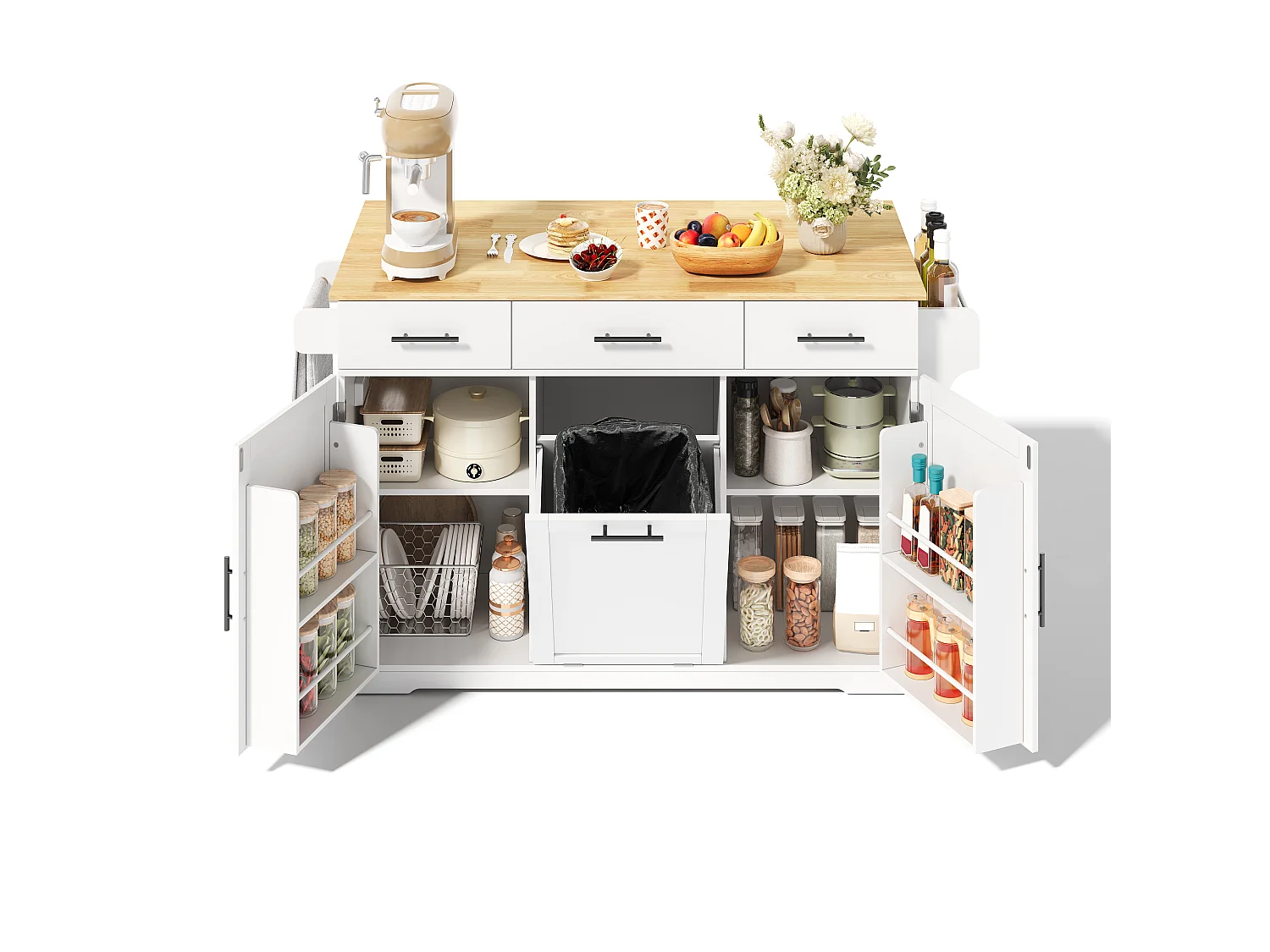 Îlot de Cuisine Mobile 136cm - Chariot de Cuisine avec Plateau Rabattable, Prises USB, 3 Tiroirs & Meuble Poubelle, Style Moderne - Blanc