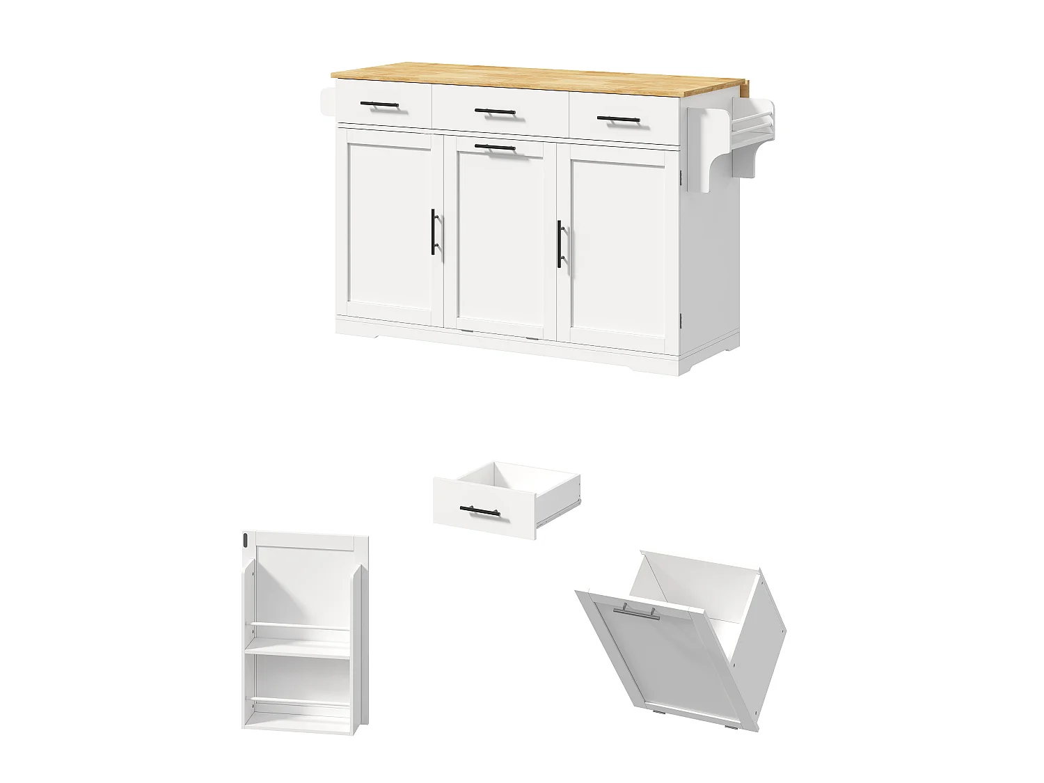 Îlot de Cuisine Mobile 136cm - Chariot de Cuisine avec Plateau Rabattable, Prises USB, 3 Tiroirs & Meuble Poubelle, Style Moderne - Blanc