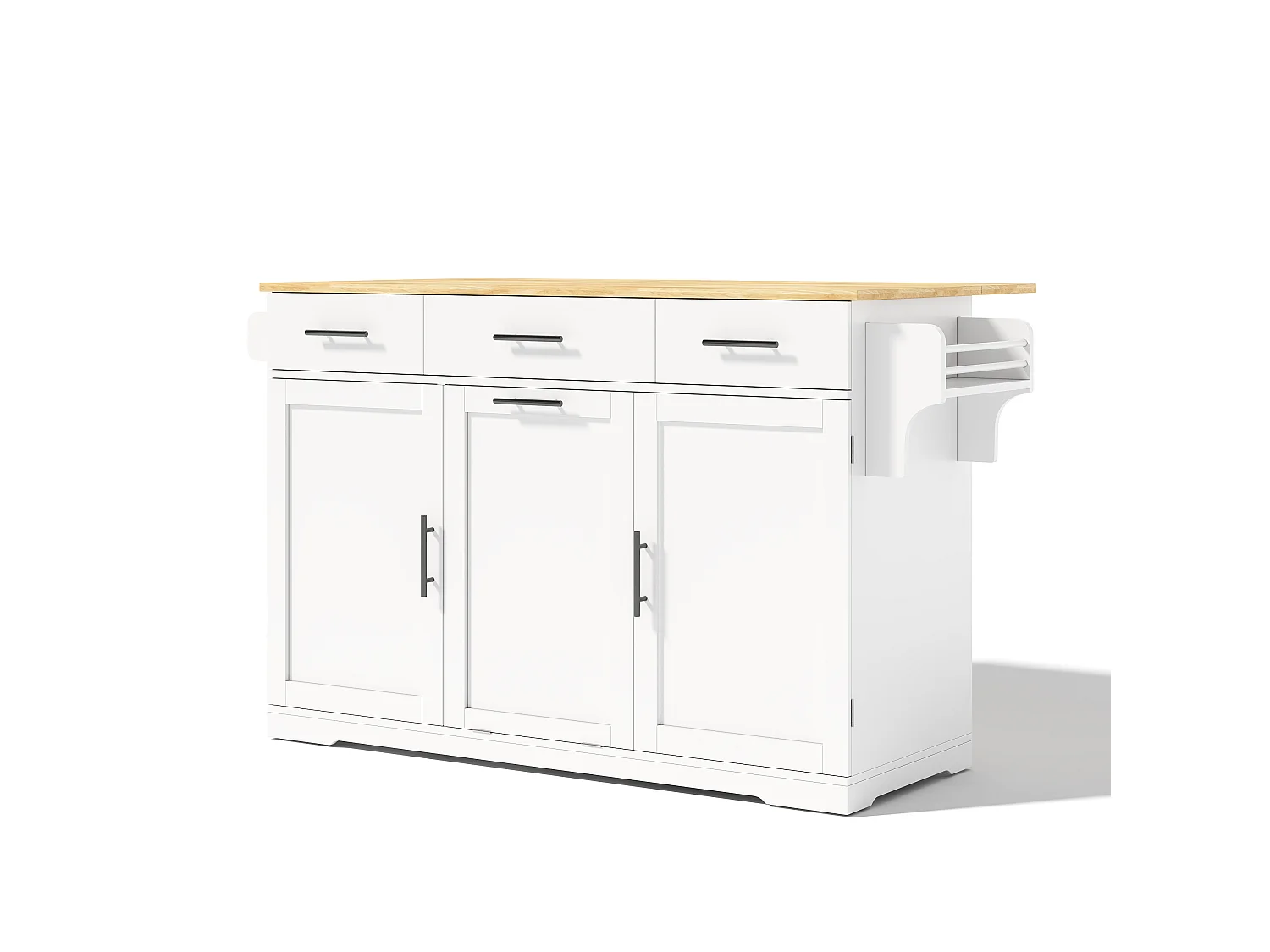 Îlot de Cuisine Mobile 136cm - Chariot de Cuisine avec Plateau Rabattable, Prises USB, 3 Tiroirs & Meuble Poubelle, Style Moderne - Blanc