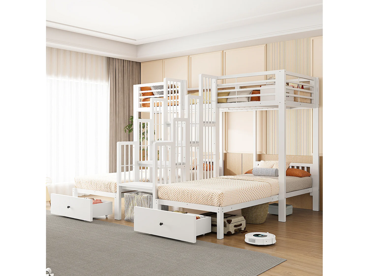 Metal stapelbed 90 x 200 cm - met trap - met veiligheidshekken - met 2 laden - wit (matras niet inbegrepen)
