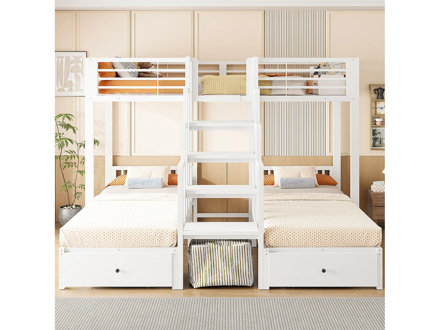 Metal stapelbed 90 x 200 cm - met trap - met veiligheidshekken - met 2 laden - wit (matras niet inbegrepen)