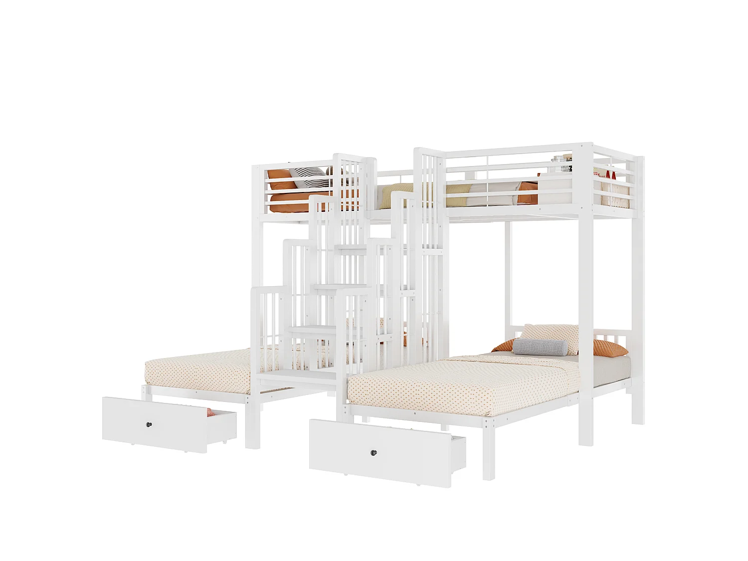 Metal stapelbed 90 x 200 cm - met trap - met veiligheidshekken - met 2 laden - wit (matras niet inbegrepen)