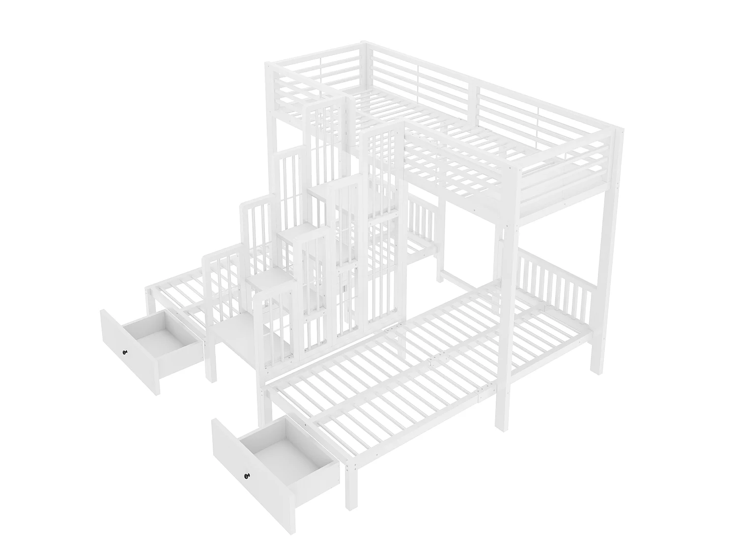 Metal stapelbed 90 x 200 cm - met trap - met veiligheidshekken - met 2 laden - wit (matras niet inbegrepen)